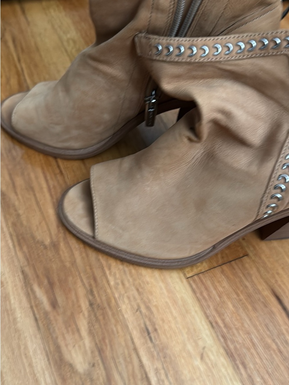 Vince Camuto Tan Open-Toe Slouch Booties with Studded Strap